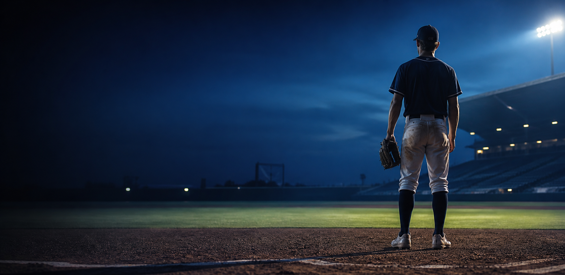 Baseball player looking across a stadium field